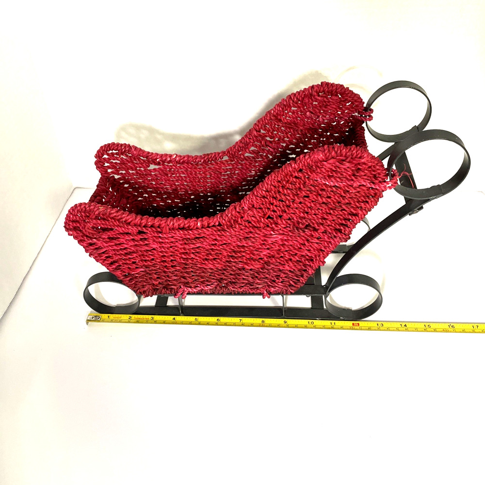 Red Woven Twine - Black Metal Sleigh Christmas Holiday Display Sled Winter Decor